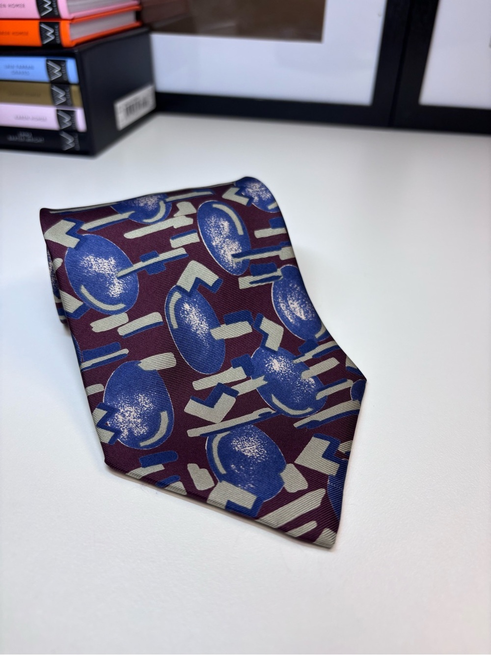 Brandini Burgundy Geometric Silk Tie with Blue & Cream Accents 100% Silk Good